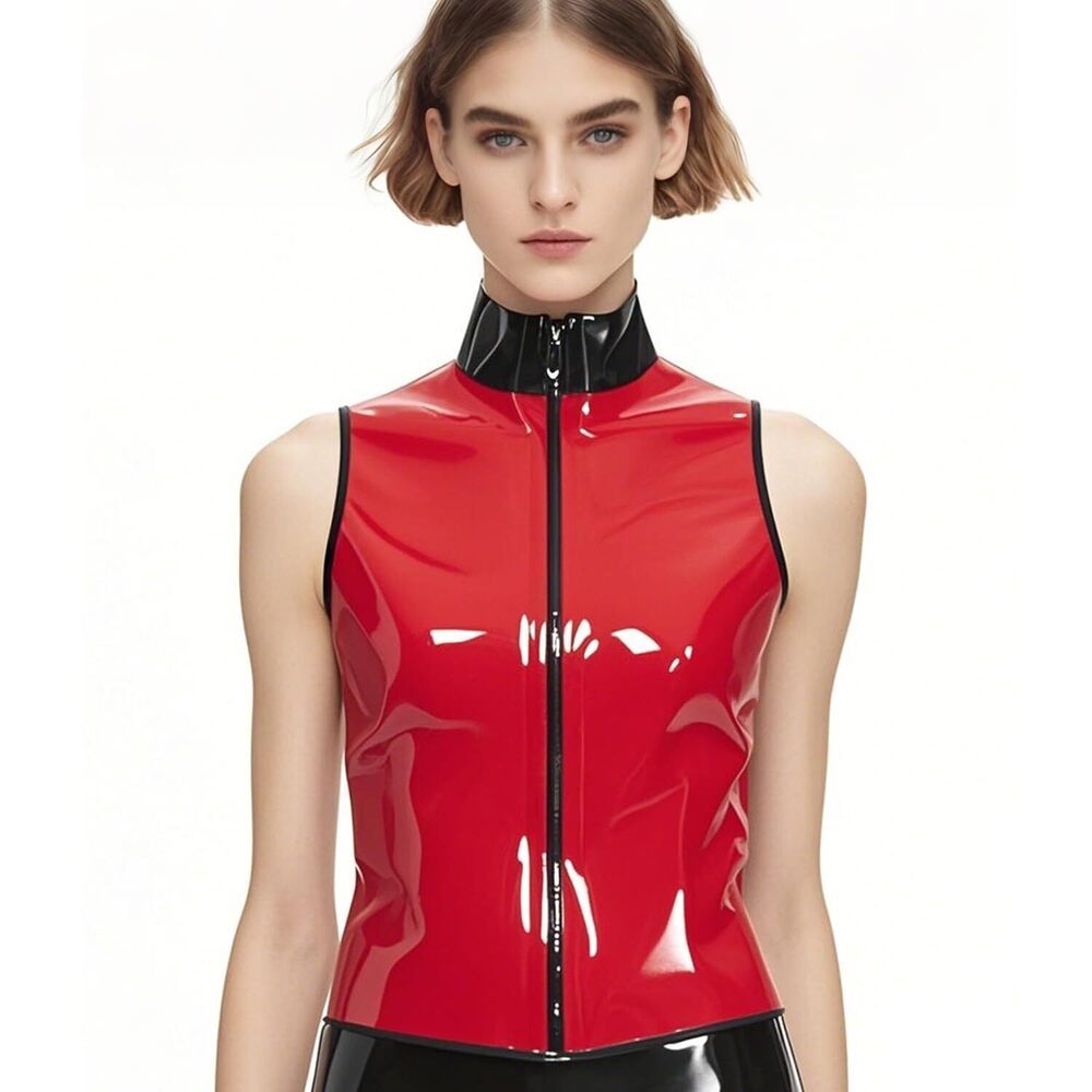 1429 Red Sleeveless Latex T-Shirt with Front Zipper,Shaping Casual Latex